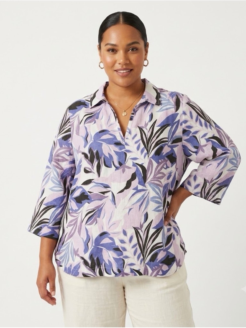 C&C California Women's 100% Linen Blouse Top 1X Pink Purple Floral 3/4 Sleeve Pl